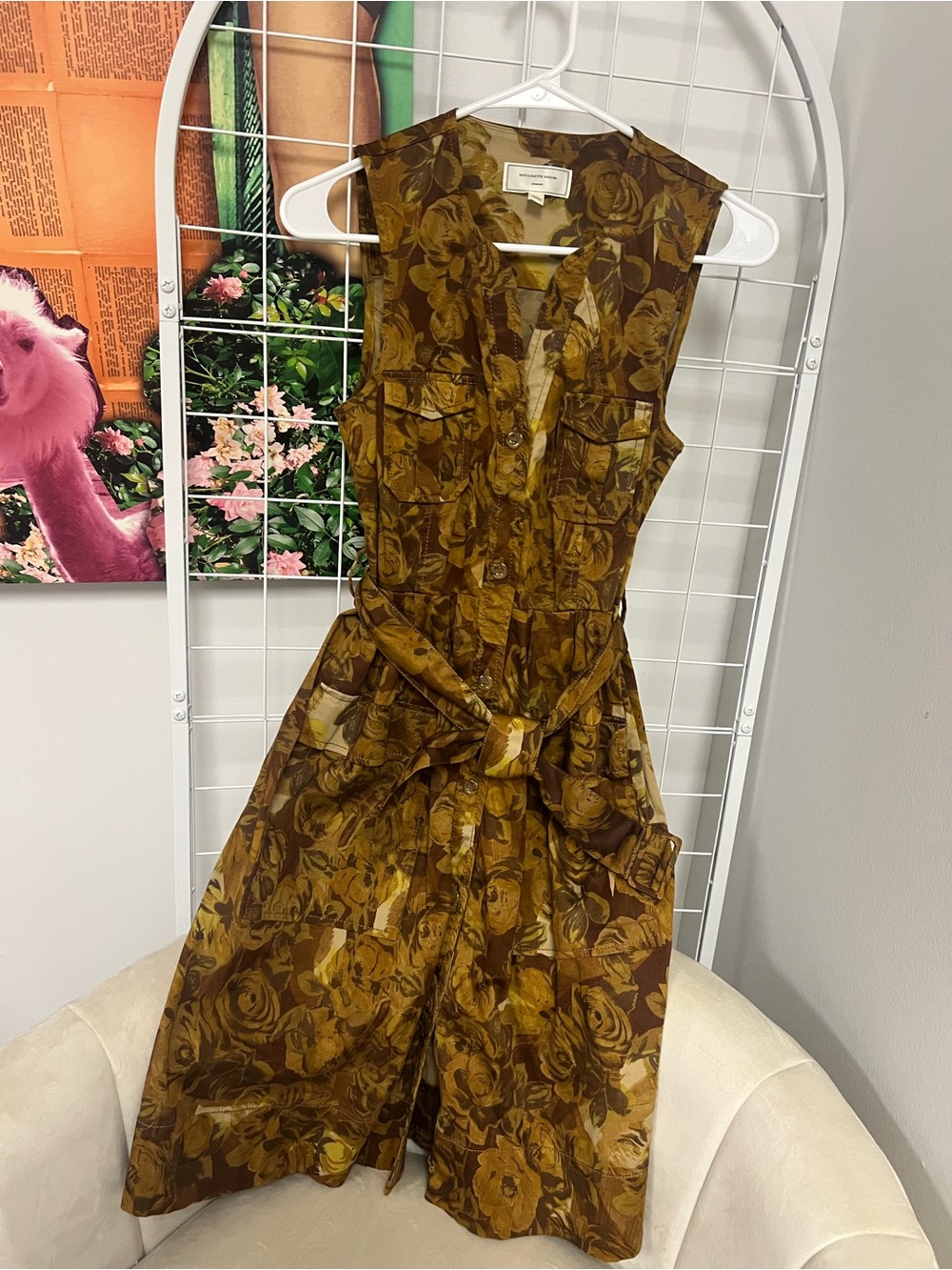 Moulinette Soeurs Brown and Gold Floral Belted Midi Dress